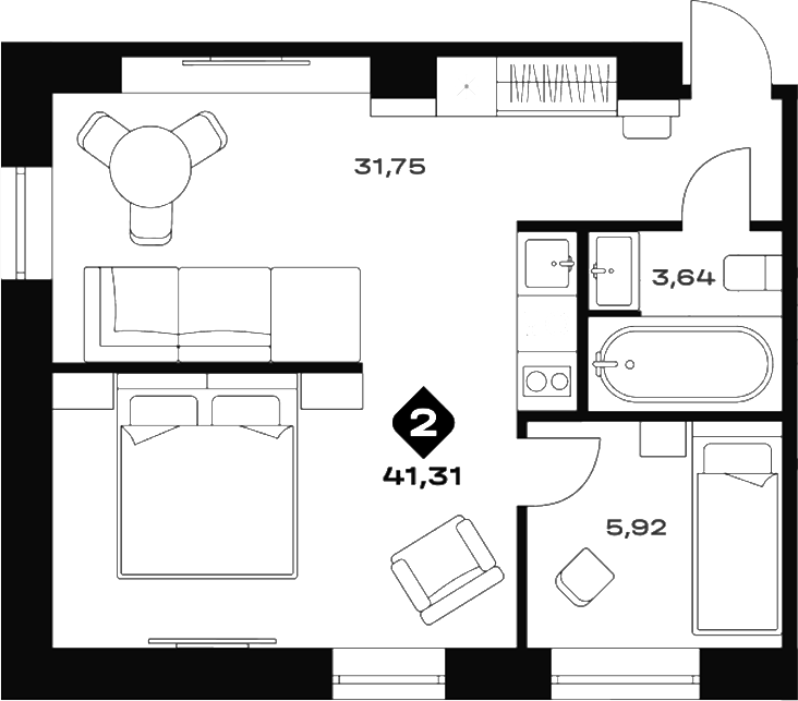 Планировка 1-к.кв, 41,31 м² в ЖК Баден-Баден Еткуль